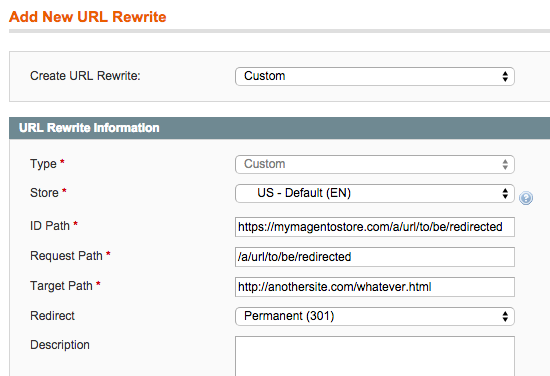 Magento settings screen configuring a redirection